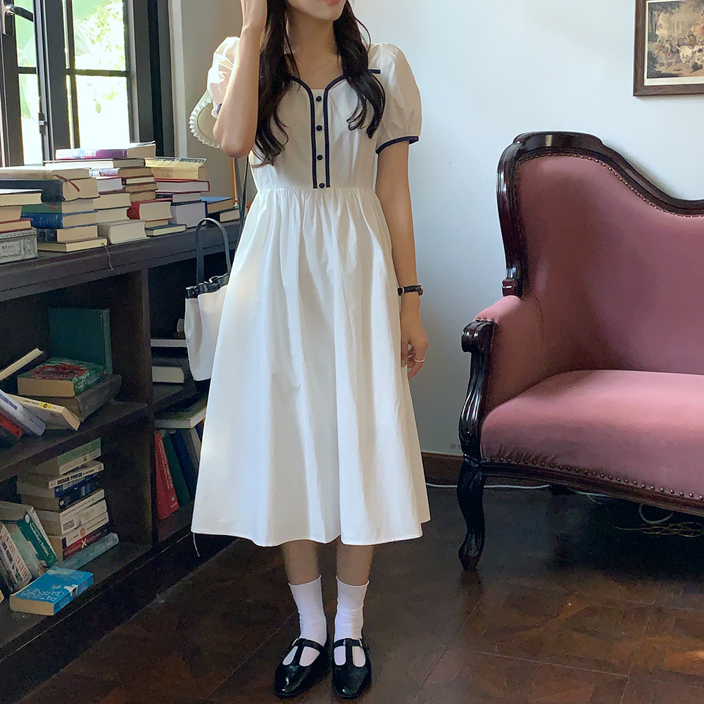 パフスリーブワンピース 半袖 ハートネック ハイウエスト ミモレ丈 白ワンピ パイピング 清楚 ガーリー かわいい デート Tp3418 Ladys Paradise パフスリーブワンピース 半袖 ハートネック ハイウエスト ミモレ丈 白ワンピ パイピング 清楚 ガーリー かわいい デート Tp3418 Ladys Paradise