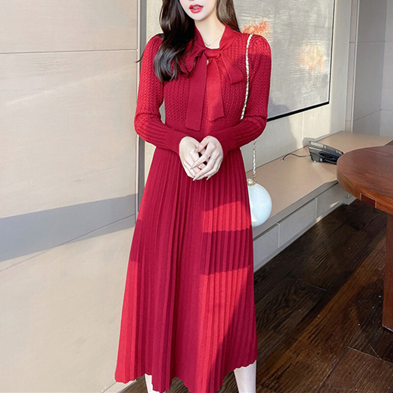 ワンピース 赤 ニット カジュアル ボウタイネックデザイン 長袖 女性らしい 美人度アップ レッド ブラック S M L Dresszone