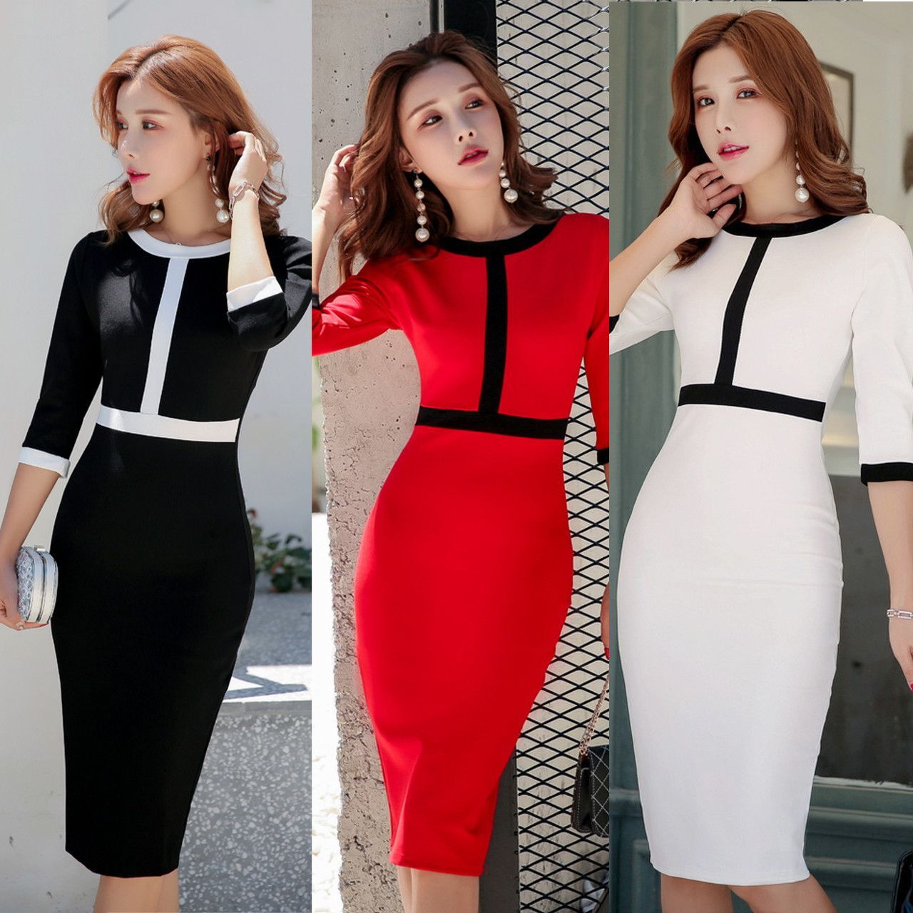 春夏 ドレス ワンピース タイトドレス 七分袖 袖あり ラウンドネック ブラック フェミニン 街角のカフェテラス