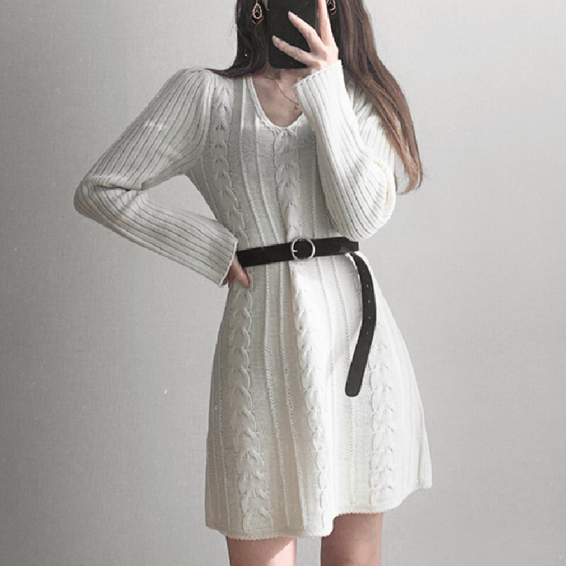 ワンピース ニット ベルト付き 長袖 無地 セクシー 着やすい Vネック ファッション 魅力的な気質を強調する ブラック ホワイト Dresszone