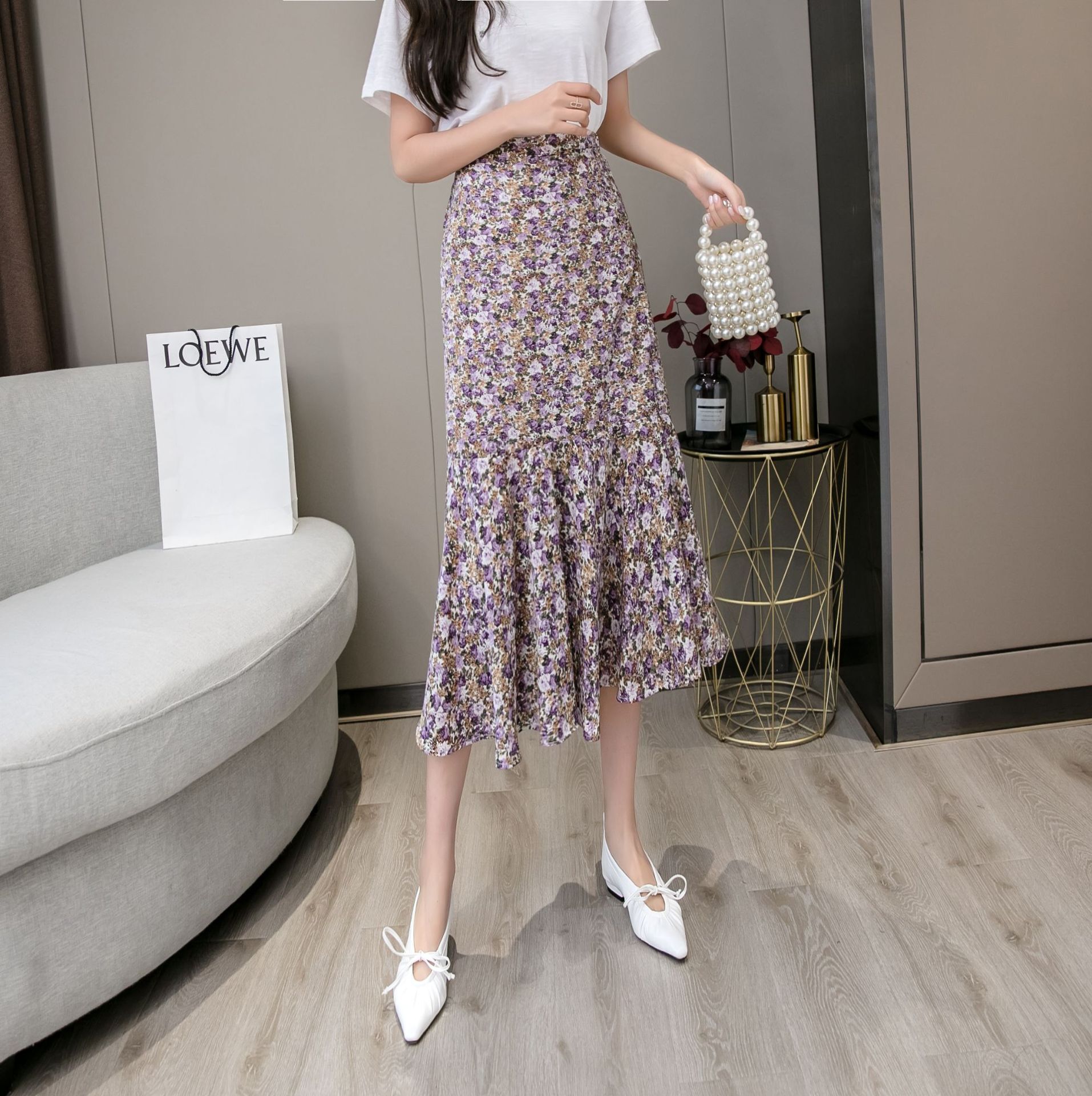 の牧歌的な小さな新鮮な花柄のスカートの女性の夏の女性のプリントフィッシュテールスカートバッグヒップスカート世代-アリババ サマー 夏物