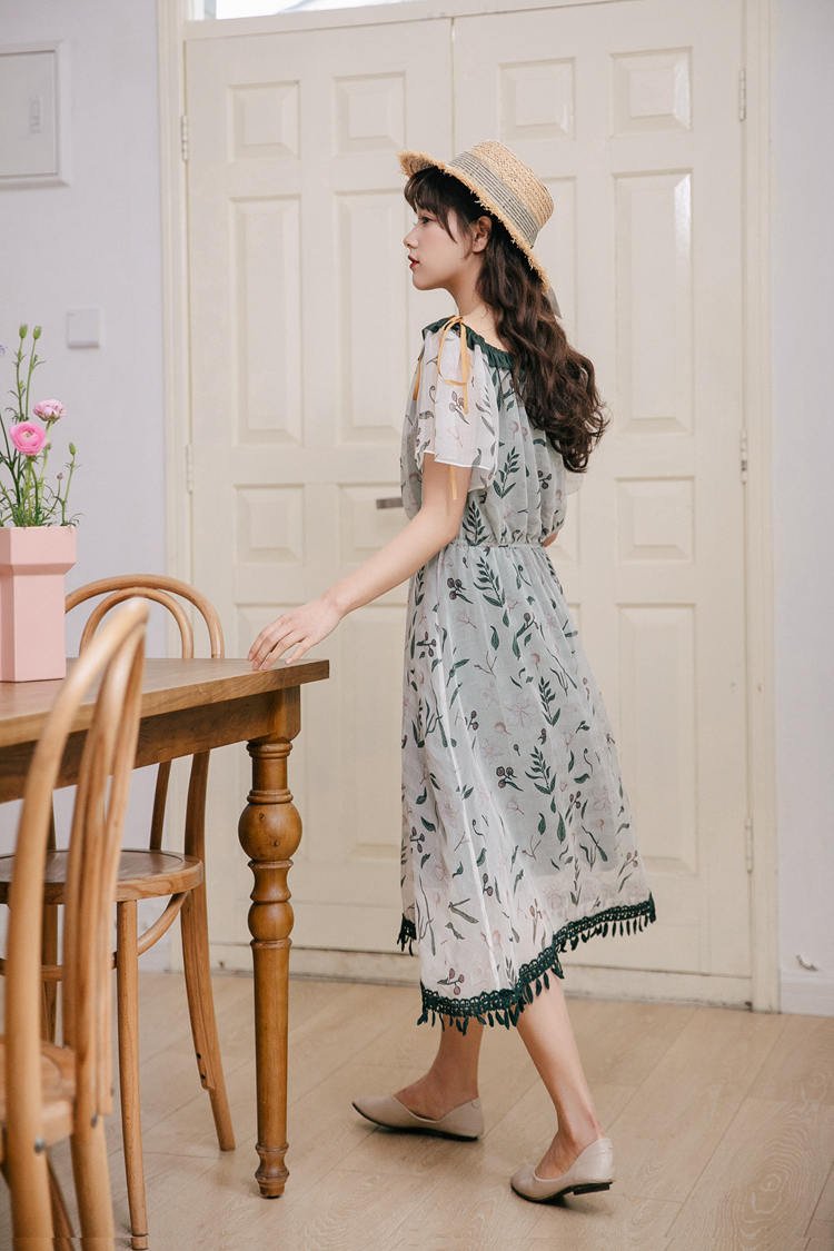 おすすめ 夏 ワンピース シフォンワンピース 花柄 フラワープリント フレア ミモレ丈 フリンジ ガーリー 可愛い Ladys Paradise