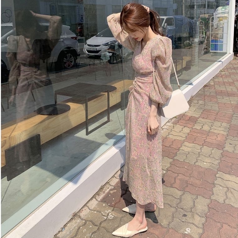 花柄 Vネック ワンピース 長袖 ロング丈 パフスリーブ スリム バックリボン フェミニン 上品 大人かわいい デート お出かけ 韓国 Tp3159 Ladys Paradise