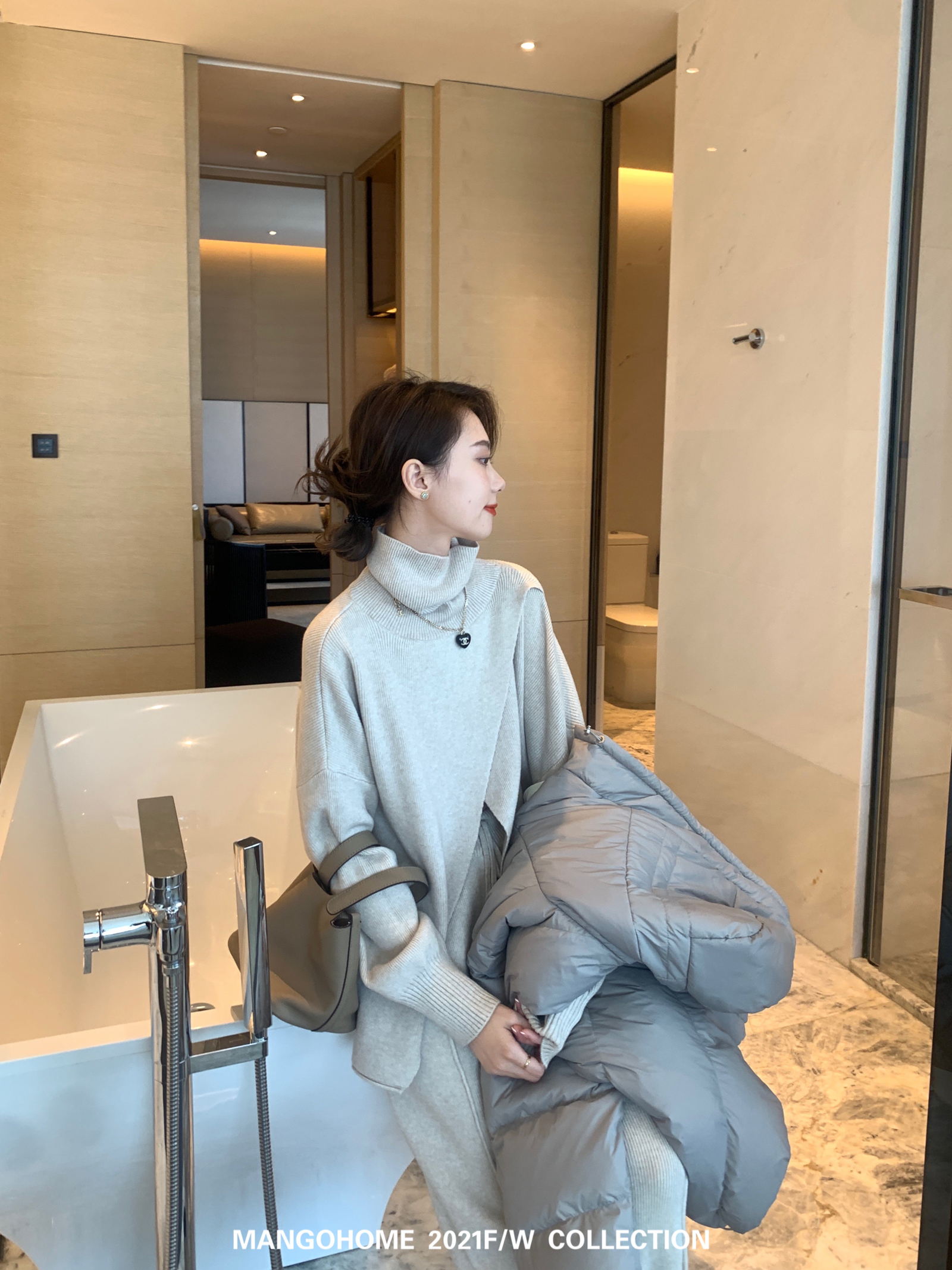 【セットアップ】カシミアハイネックニット＋ニットパンツ ニットアップ ツーピース 上下アップ ニット セーター ワイドパンツ レディース ゆったり 上品 a4044