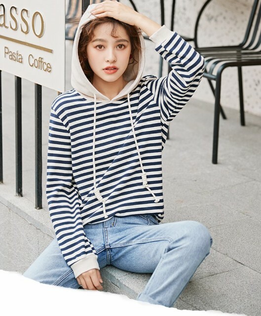 60 Off フード付き レディース トレーナー パーカー カットソー 秋 ファッション 長袖 コットン ストライプ ボーダー 青 シンプル レディース ト 21超人気 Www Iacymperu Org