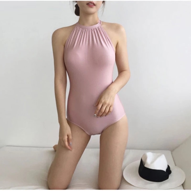 バックリボン ホルターハイネック ピンク ワンピース水着 Romary