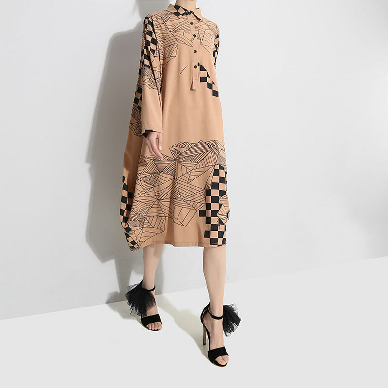 シャツワンピース 長袖 折り襟 着痩せ オリジナルデザイン ロングワンピース カーキ ブラック Dresszone