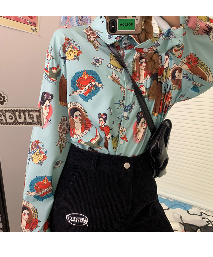 個性的 シャツ 長袖 プリント イラスト かわいい レトロ 原宿 韓国ファッション オルチャン566 Sweetly