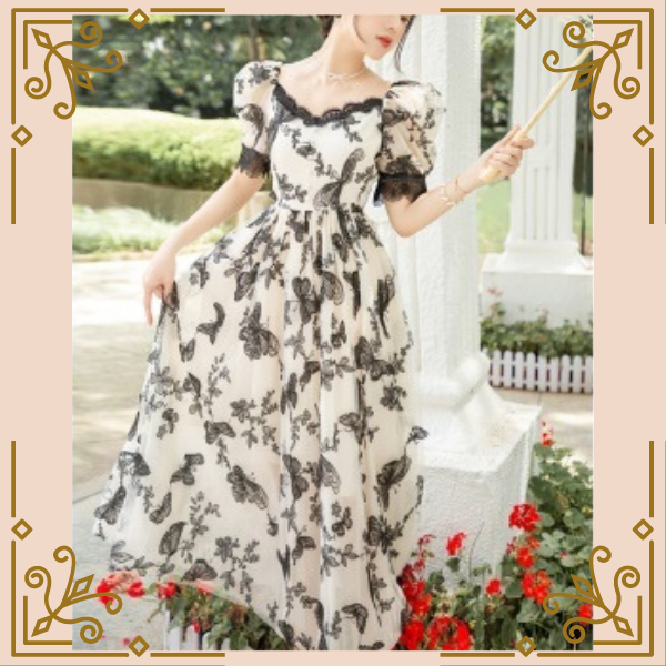 蝶々デザインのモノトーンワンピース Trnd506 Re Tro