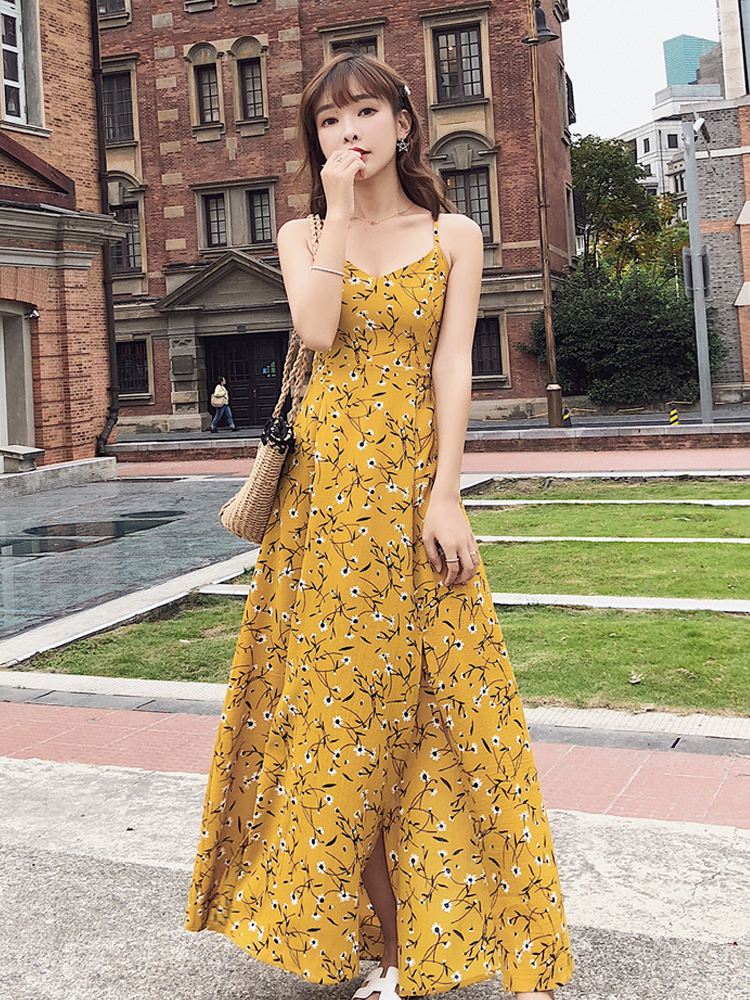 キャミワンピース ロング レトロ 花柄 ワンピース レディース 背中あき ワンピース 柄 春 夏 セクシー 色っぽ フェミニン 黄色 イエロー 韓国系 1071 Idear キャミワンピース ロング レトロ 花柄 ワンピース レディース 背中あき ワンピース 柄 春 夏 セクシー 色っぽ フェミニン 黄色 イエロー 韓国系 1071 Idear