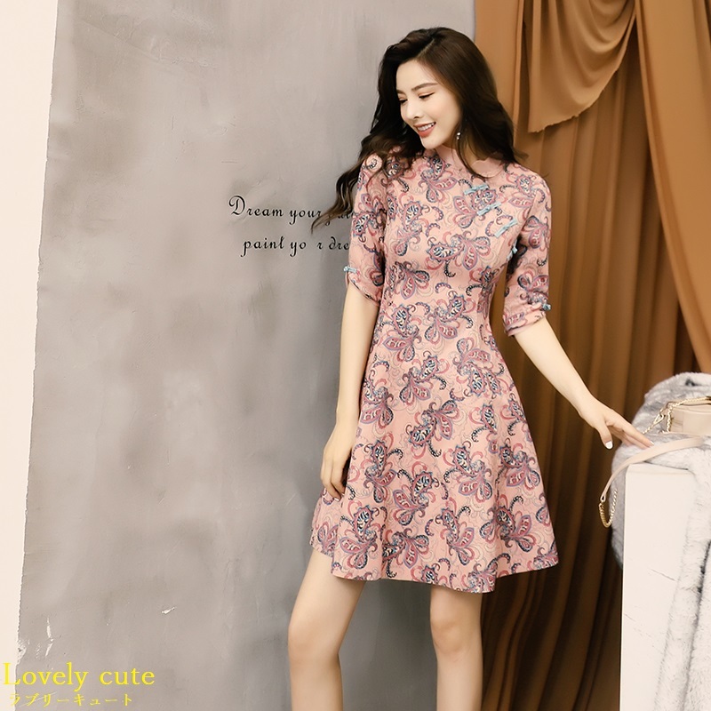 レトロ 上品なペイズリー柄ワンピース チャイナドレス ワンピース