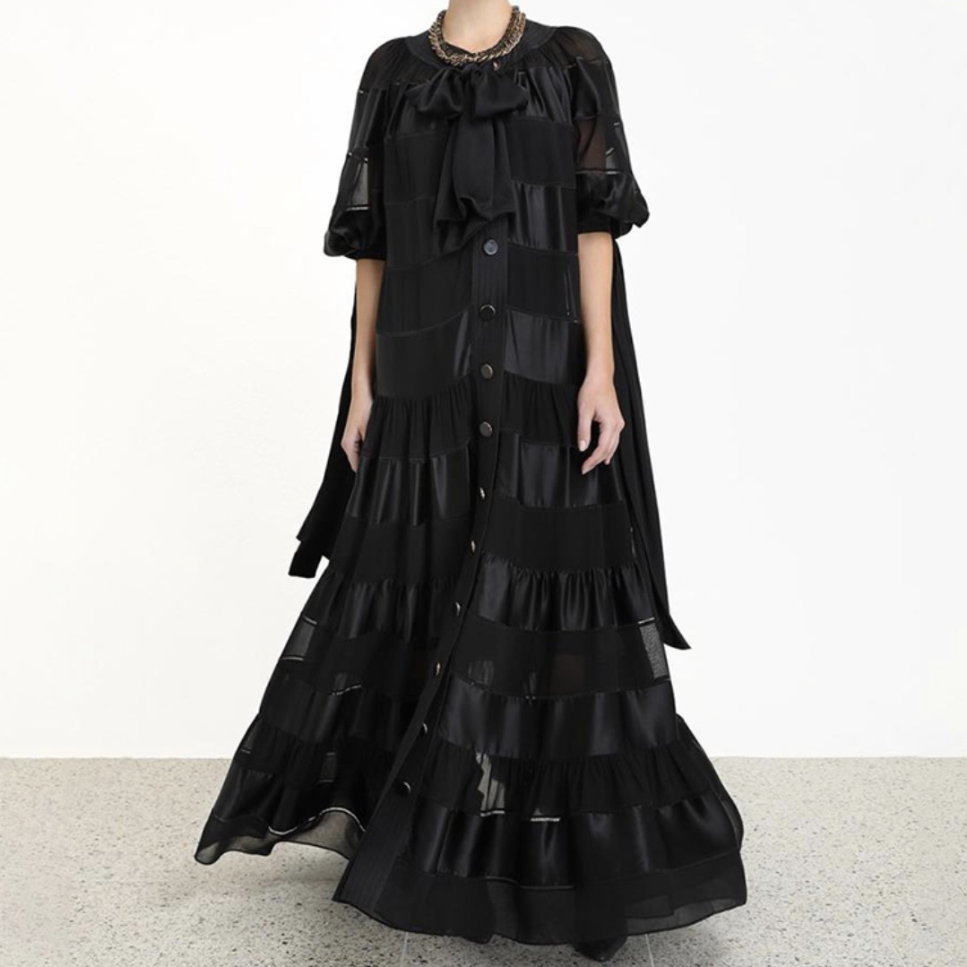 ボーダーメッシュ ランタンスリーブ リボン ブラックロングワンピース 9style