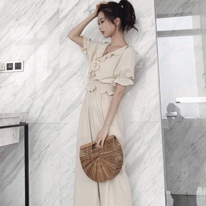 半袖 フリルブラウス ワイドパンツ セットアップ サマーセットアップ レディース 春夏 大人のセットアップ 韓国 Su 0068 Happy Orurea ハッピーオルレア