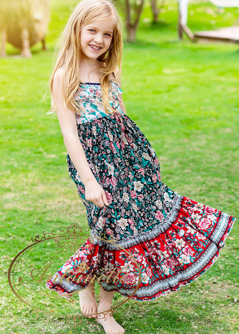 二色展開 レッド ブルー 夏 ノースリーブ キャミ 涼しい ワンピース ロング丈 キッズ ボヘミアン エスニック Antoinette