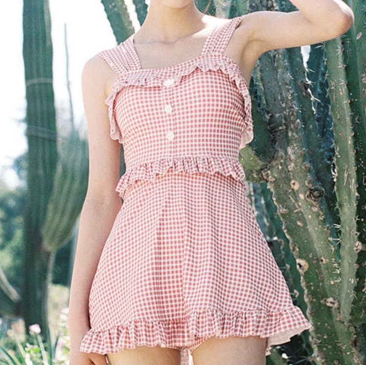 ギンガムチェック タンキニ ワンピース型 水着 2set ワンカラー B0486 韓国レディースファッション通販 Bella ベラハート Select Import Shop