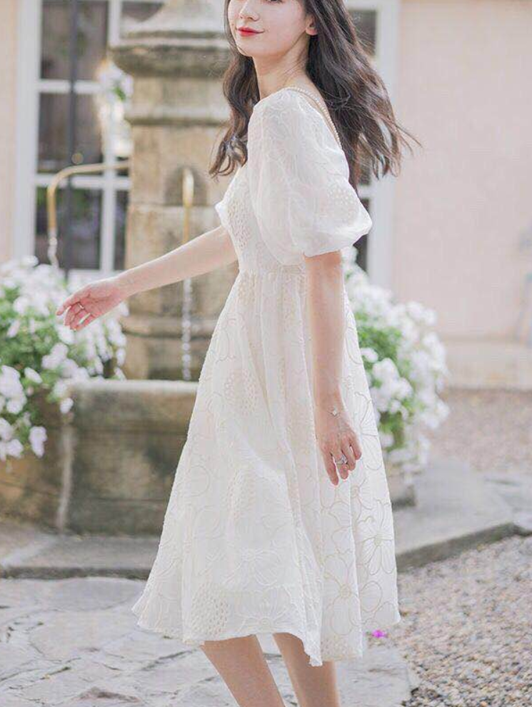 花柄 フラワー ワンピース 刺繍 パフスリーブ ホワイト 白 お嬢様 可愛い コーデ 夏 サマー ドレス オーガンジー Antoinette