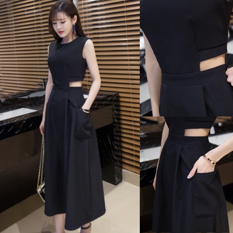 ワンピース ロング丈 ノースリーブ 切り込み スリット 変化球 セクシー くびれ ラウンドネック 無地 B M06 0062 Redbell