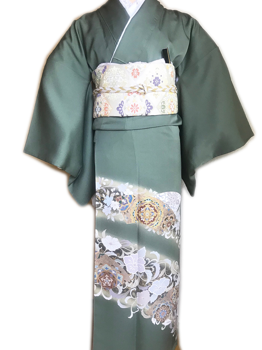 レンタル色留袖■緑青色地に金彩と薄紫色等で唐花柄■irotome8【往復送料無料】 - 画像2