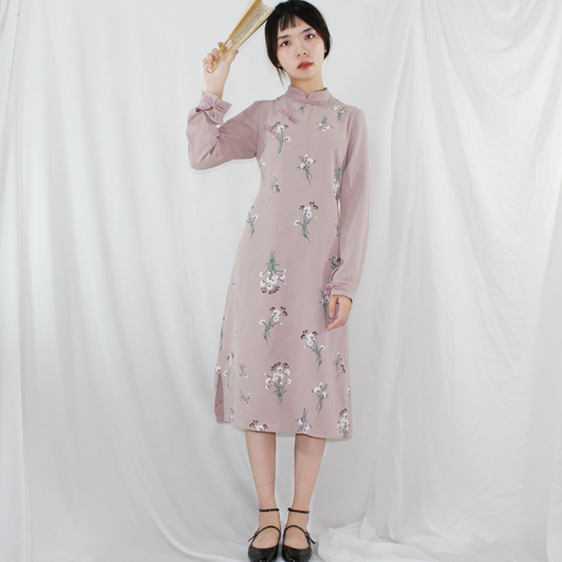チャイナ風ワンピース 改良唐装 改良漢服 チャイナ風服 中華服 改良型チャイナドレス 普段着 女子会 同窓会 二次会 普段着 S M L Ll ロング丈 スタンドネック ピンク 美品 Dresszone