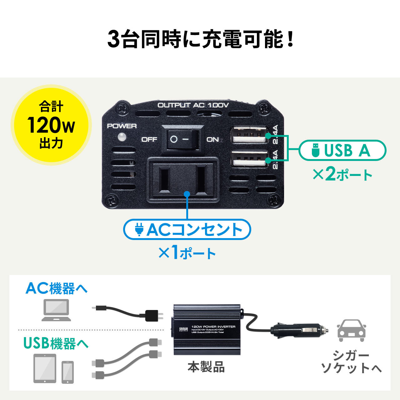 車載acコンセント スマホ充電ノートパソコン 車充電 カーインバーター Usb電源 Ipadやタブレット充電 1w 12v アルミ筐体 2 4a アムカフェドットネット 飲食予約 オーダースマホケース