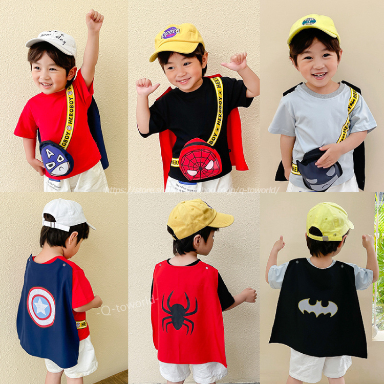 90 140 トップス キャラクター マント バッグ 全３色 Tシャツ 半袖 スーパーヒーロー 男の子 女の子 韓国子供服 子供服 キッズ Q Toworld キュートワールド 子供服 メール便は何点でも送料の合計は280円