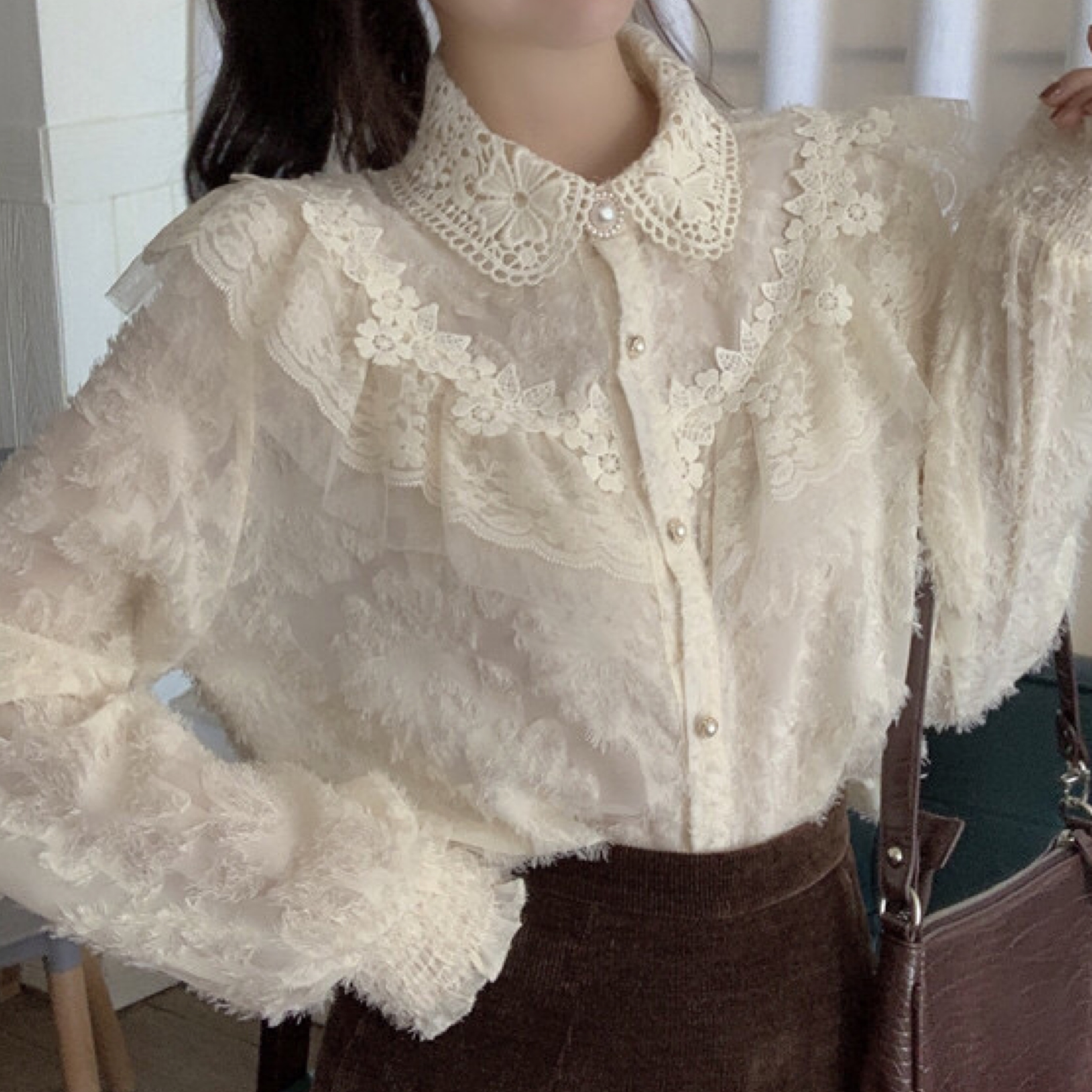 フレンチガーリー アンティークフラワーレースブラウス A0687 Retro N