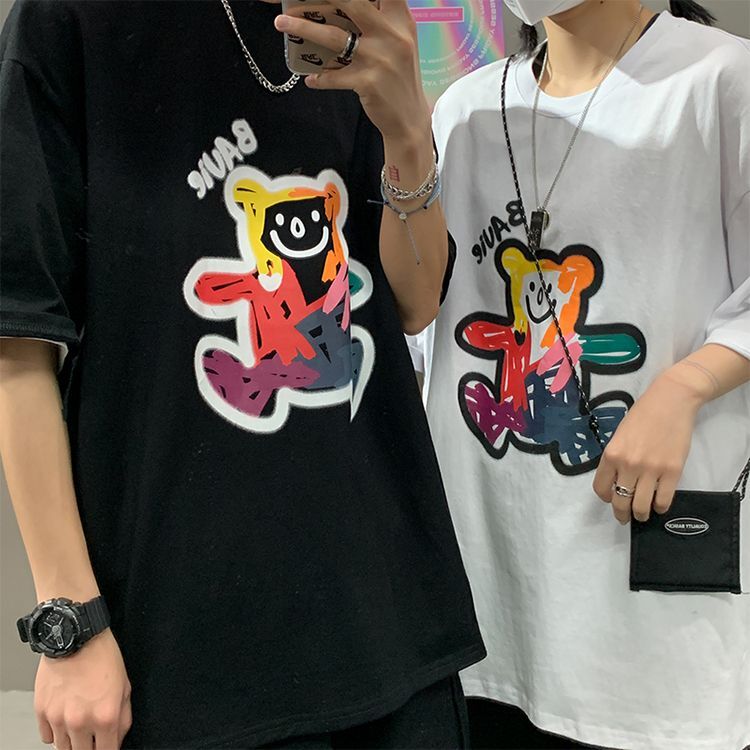 韓国ファッション Tシャツ ユニセックス Tシャツ 半袖 メンズ レディース 落書き風 英字 クマちゃん オーバーサイズ 大きいサイズ ルーズ ストリート