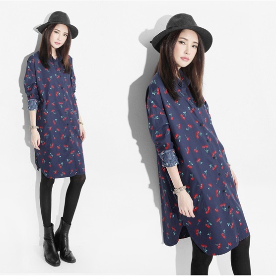 シャツワンピース ひざ丈 ロングシャツ プリント さくらんぼ柄 チェリー柄 羽織り 薄手 春 トレンド 大人可愛い 通勤 オフィス お出かけ プチプラレディースファッション通販 Yboueki
