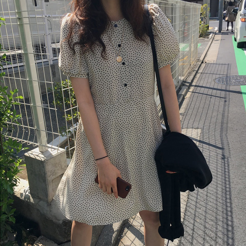 春新作 ワンピース 春ワンピース ミニワンピース ワンピースミニ丈 ミニ丈ワンピース ワンピースドレス リゾートワンピース 半袖 ドット 水玉 黒 白 ガーリー 大人かわいい パフスリーブ シフォン 春夏 Viento