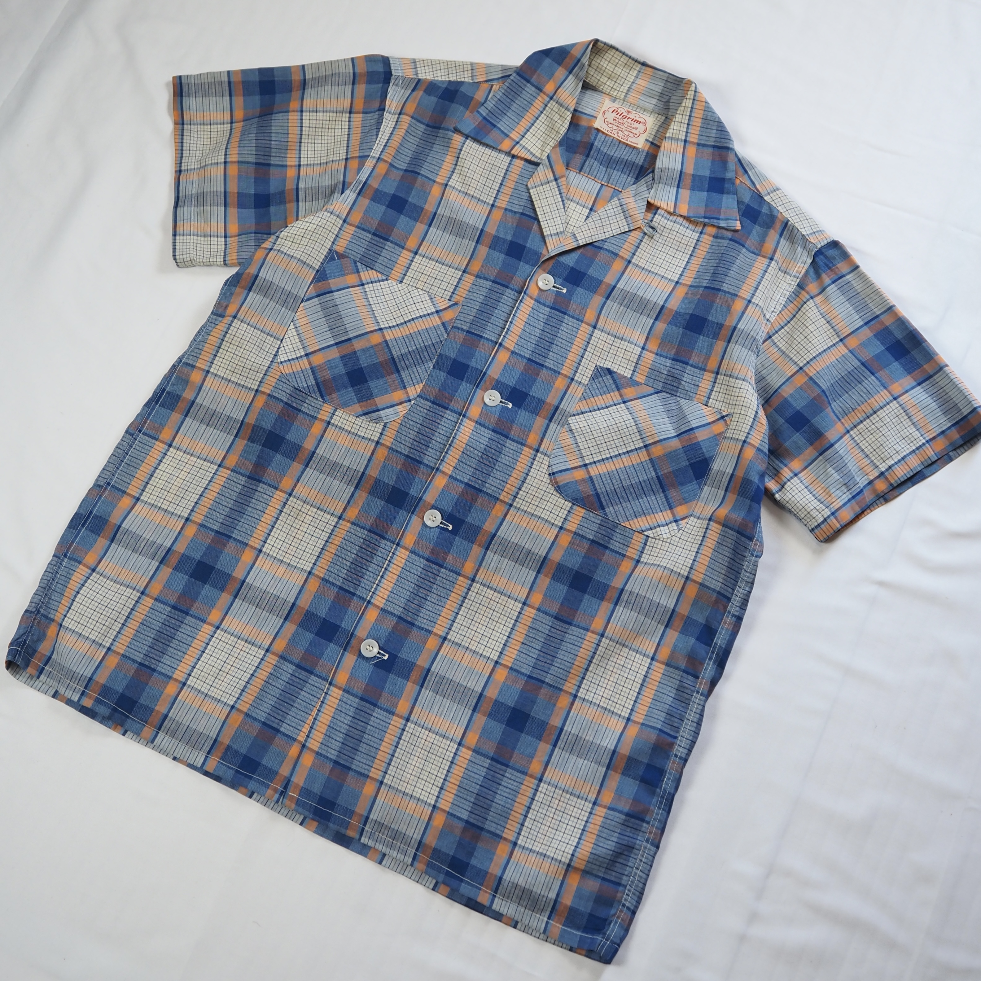50’s Pilgrim 半袖コットンシャツ ブルー×オレンジ Sサイズ の画像 2