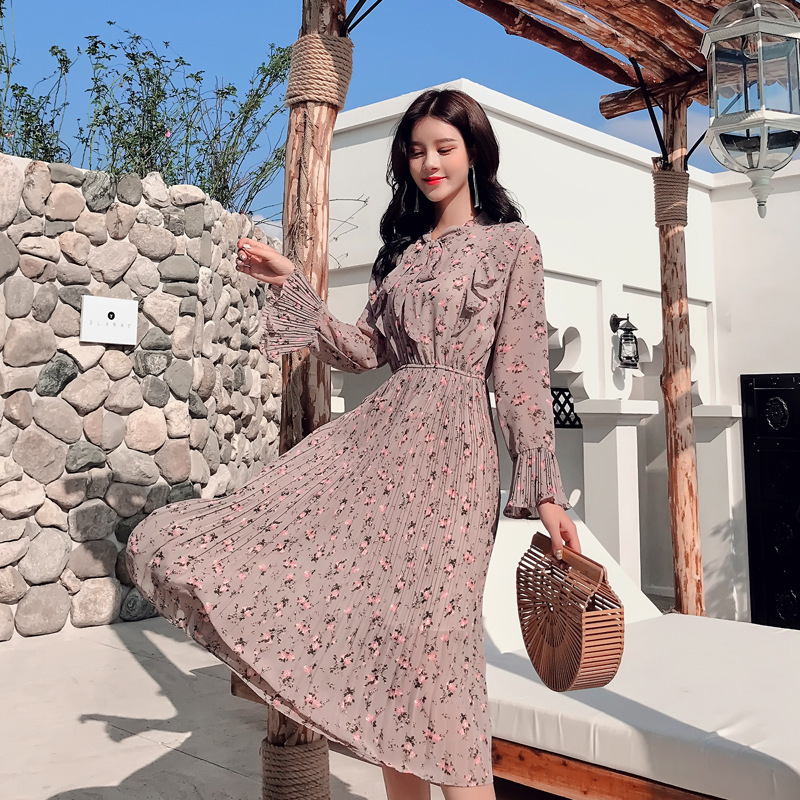 ワンピース プリントシフォン長袖スウィートボウタイラウンドネックプリントワンピース ファッションプチプラ通販のxacart 代 30代に話題のトレンドファッション通販