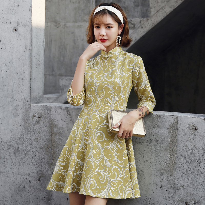 膝丈チャイナドレス 改良型チャイナドレス チャイナ風ワンピース ロングドレス 七分袖 大きいサイズ S M L Ll 3l 民国風 チャイナ風服 宴会 パーティー 二次会 女子会 同窓会 普段着 Dresszone