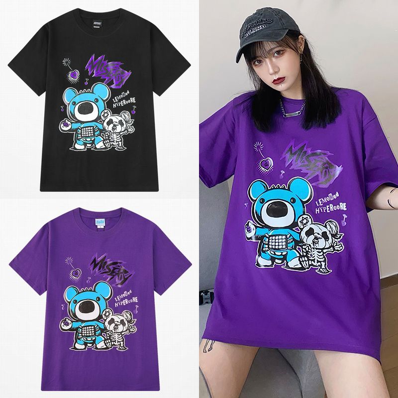 韓国ファッション Tシャツ ユニセックス Tシャツ 半袖 メンズ レディース ラウンドネック スカル クマちゃん ベアー プリント オーバーサイズ 大きいサイズ ルーズ ストリート