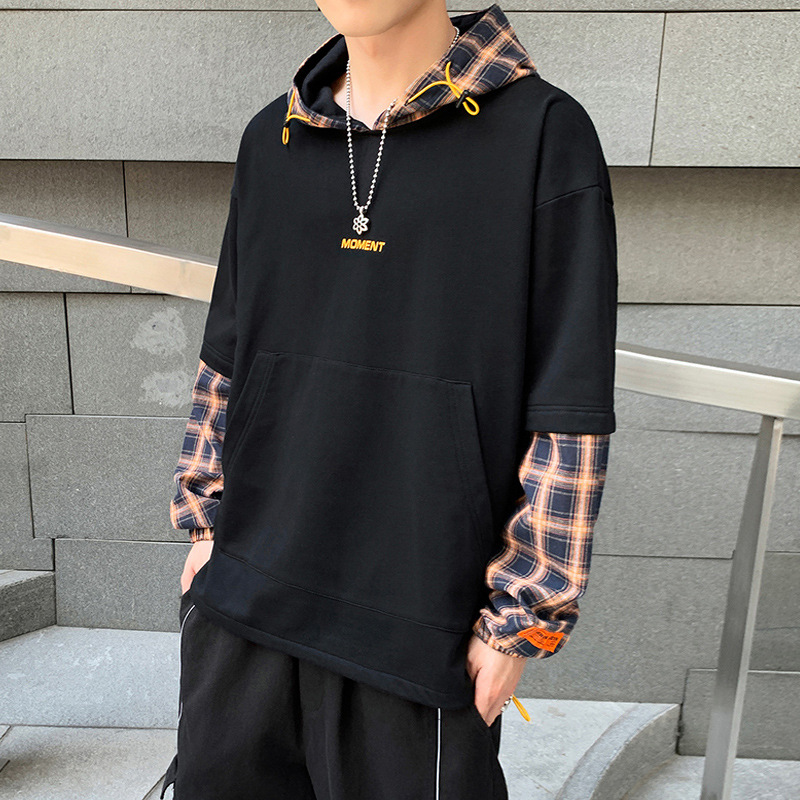 トップス 個性的アイテム チェック柄切り替えブート付きメンズ