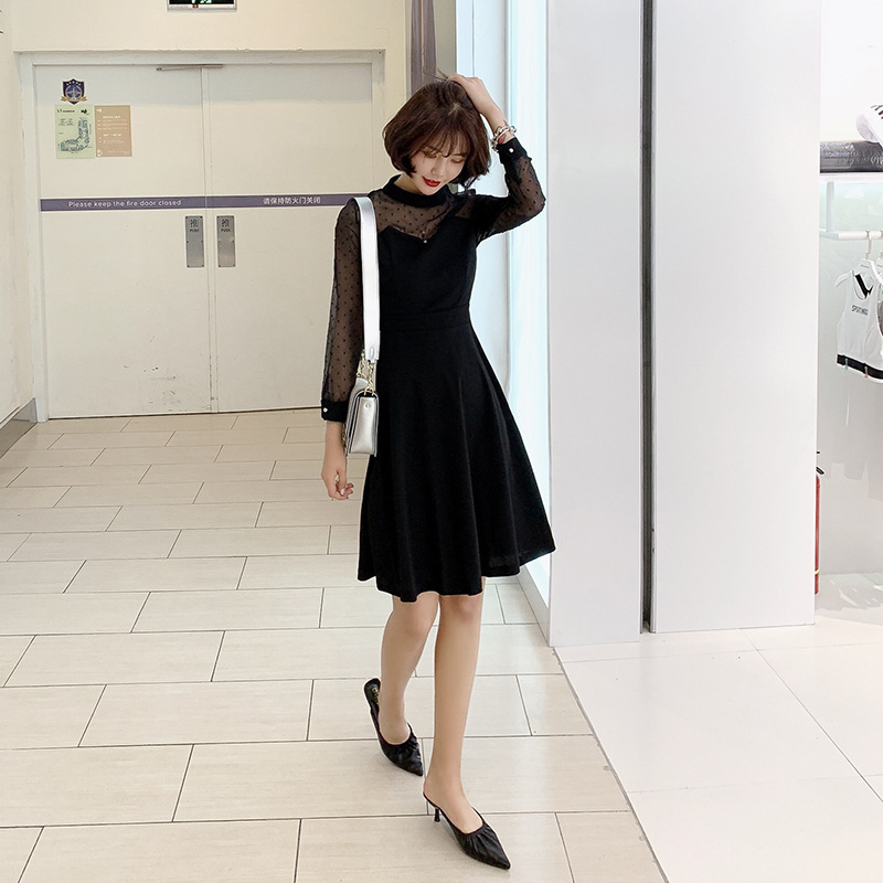 秋新作 シースルー ドット フレア ワンピース 長袖 透け感 ミニ丈 体型カバー オルチャン トレンド 結婚式 お呼ばれ Manajily オルチャン 韓国 プチプラレディースファッション