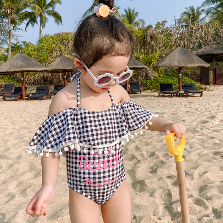 90 130 子供水着 子供水着 チェック柄 オフショルダー 女の子 韓国版 韓国子供水着 Q Toworld キュートワールド 子供 服 メール便は何点でも送料の合計は280円