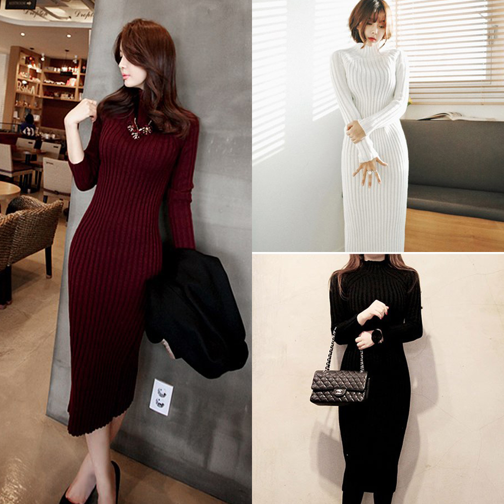 リブ ワンピース タイト ロング丈 シンプル 秋色 長袖 ミモレ丈 あったか レディース あったか ニット素材 無地 プチプラレディースファッション通販 Yboueki