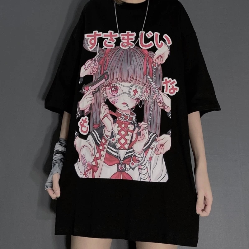 トップス ストリート系暗黒系アニメ日本語図柄プリント半袖tシャツ Teenerstyle トップス ストリート系暗黒系アニメ日本語図柄プリント半袖tシャツ Teenerstyle