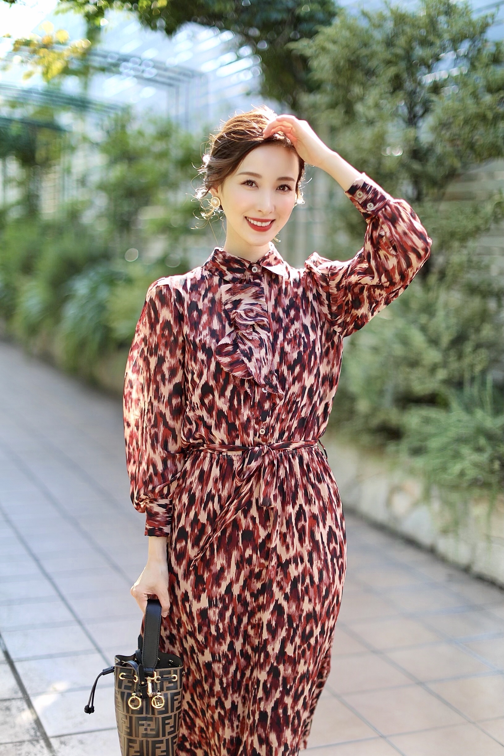 ボルドーブラウン レオパード柄シフォンワンピース Montresor