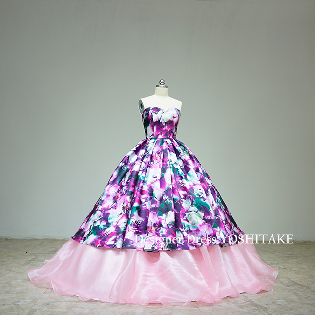 パープル花柄のスカートの下にピンクオーガンジーカラードレス パニエ付 披露宴 ウエディングドレス アールデコ R Deco