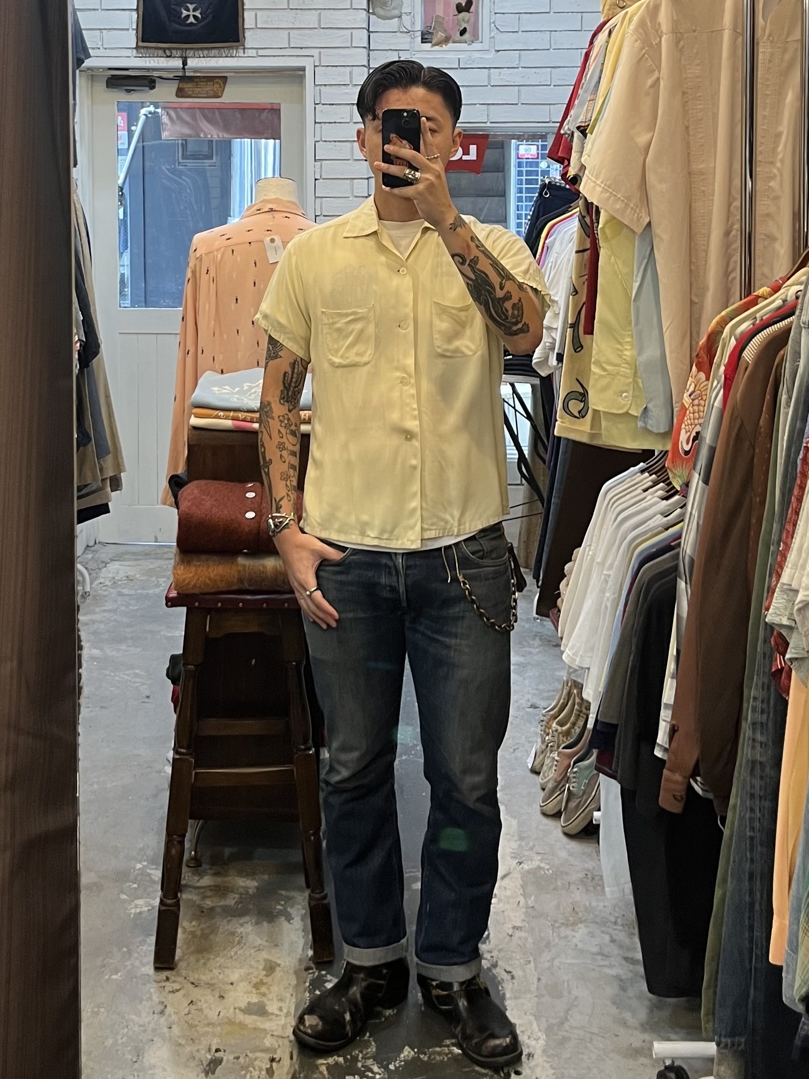 50’s レーヨンシャツ 半袖 Mサイズ レモンイエロー の画像 3