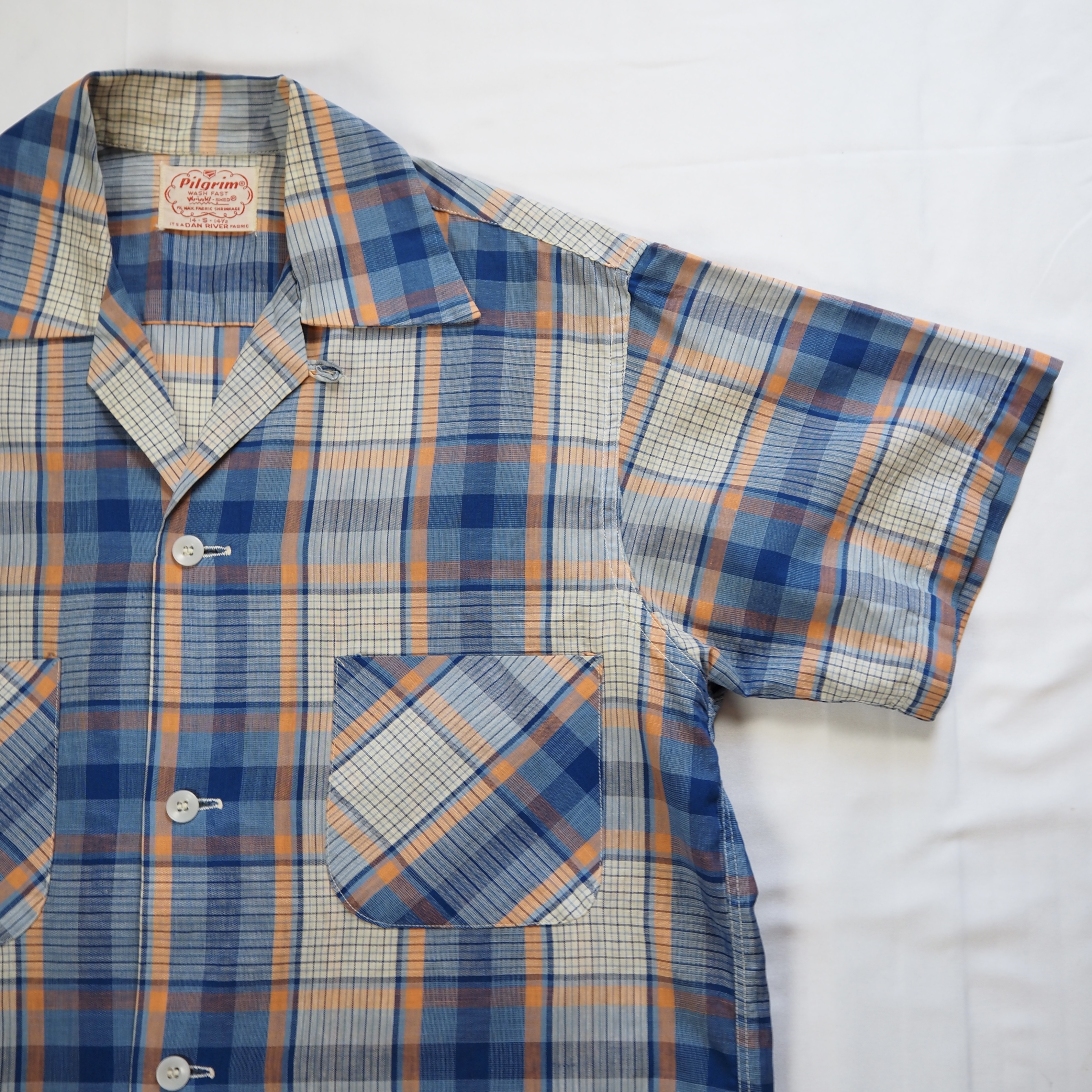 50’s Pilgrim 半袖コットンシャツ ブルー×オレンジ Sサイズ の画像 7