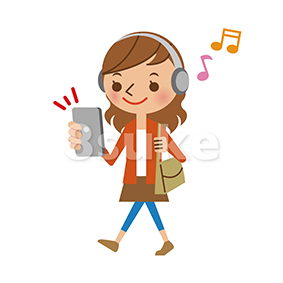 イラスト素材 スマートフォンで音楽を聴きながら歩く若い女性