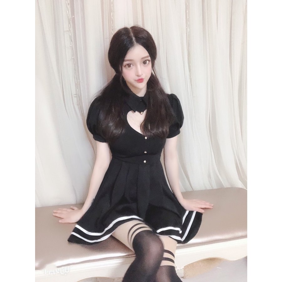 ミニ丈ワンピース ハートネックワンピース 韓国ファッション 半袖 春 夏 黒 赤 グレー バルーン袖 Aライン フェミニン セクシー 3色 韓国の可愛いレディースアパレルのセレクトショップ Kilalion キラリオン