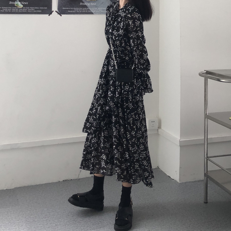 秋新作 ワンピース 秋 ワンピース 冬 ワンピース ロング ワンピース 花柄 ロング ワンピース レディース ロング ワンピース ロング丈 長袖 ワンピース 韓国 ワンピース 長袖 ロングワンピース 黒 シフォン 秋冬 ワンピース フローラル Viento