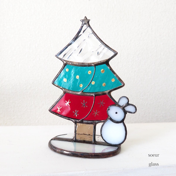 うさぎとツリーのオブジェ ステンドグラス Soeur Glass うさぎとツリーのオブジェ ステンドグラス Soeur Glass