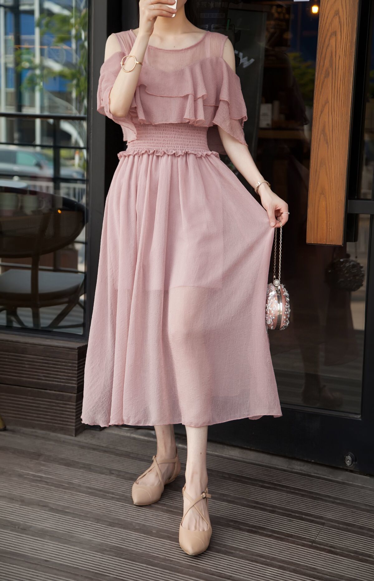 シフォンダブルフリルオープンショルダーワンピース ライトピンク フレッシュグリーン ワインレッド Sサイズ Mサイズ Lサイズ Xlサイズ 半袖 五分袖 肩見せ ウエストシャーリング パーティドレス 結婚式ドレス 結婚式二次会 お呼ばれ フォーマル ワンピース ワンピドレス