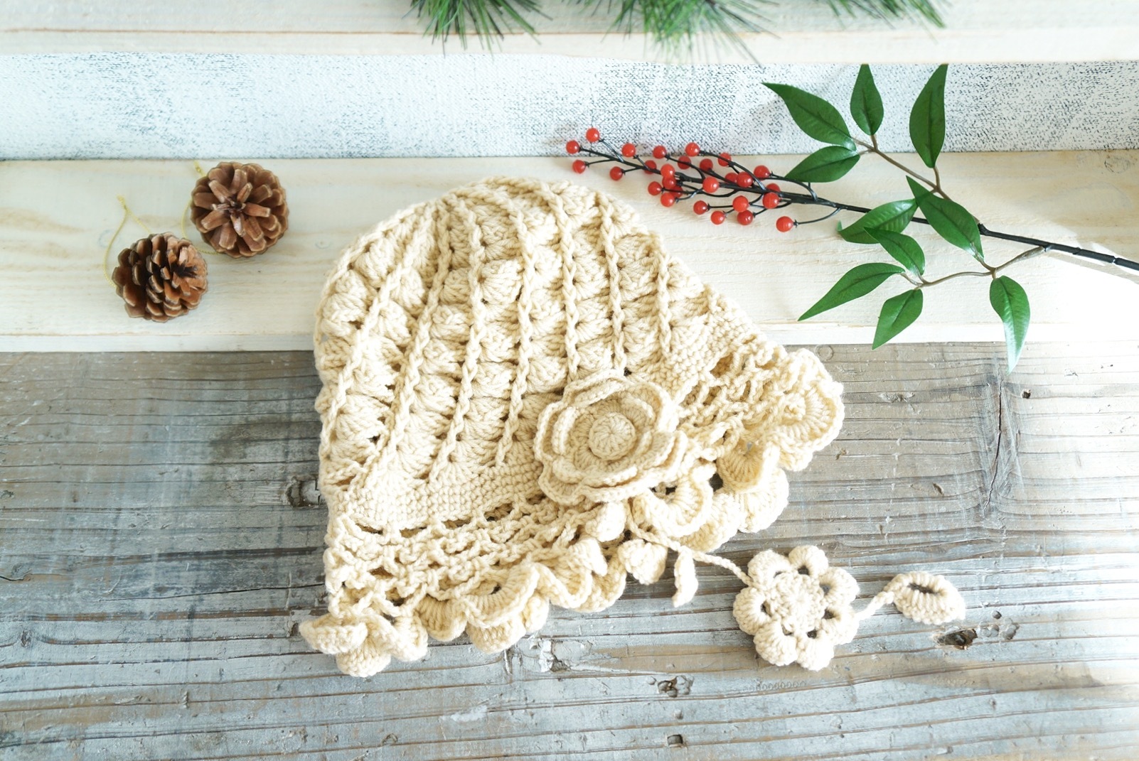 Knit Frill Hat Antique Flower Motif 編み物フリルニット帽子ハンドメイド Atelier Riccisan S Knit Frill Hat Antique Flower Motif 編み物フリルニット帽子ハンドメイド Atelier Riccisan S