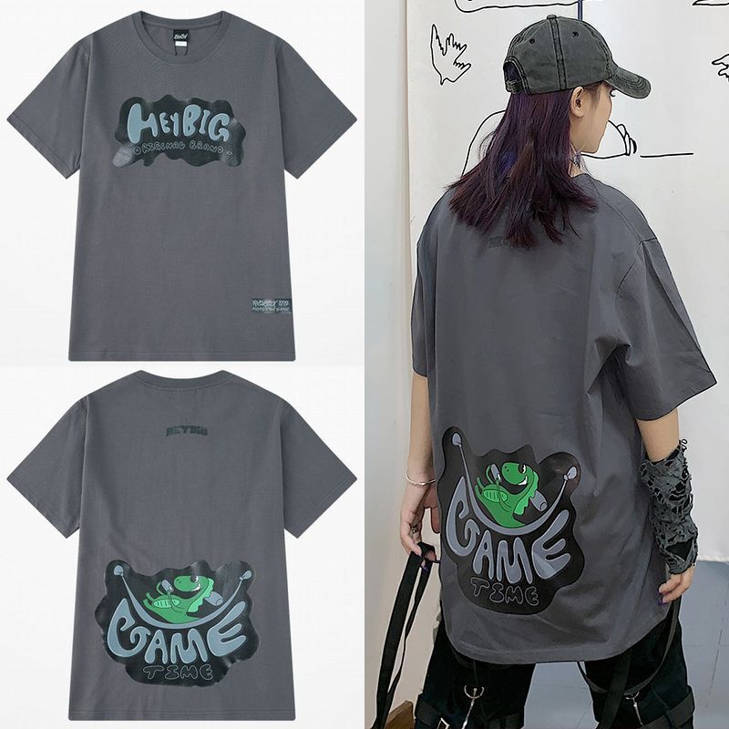 韓国ファッション Tシャツ ユニセックス 半袖 Tシャツ メンズ レディース ロゴ 英字 GAME TIME ダイナソー プリント オーバーサイズ 大きいサイズ ルーズ ストリート
