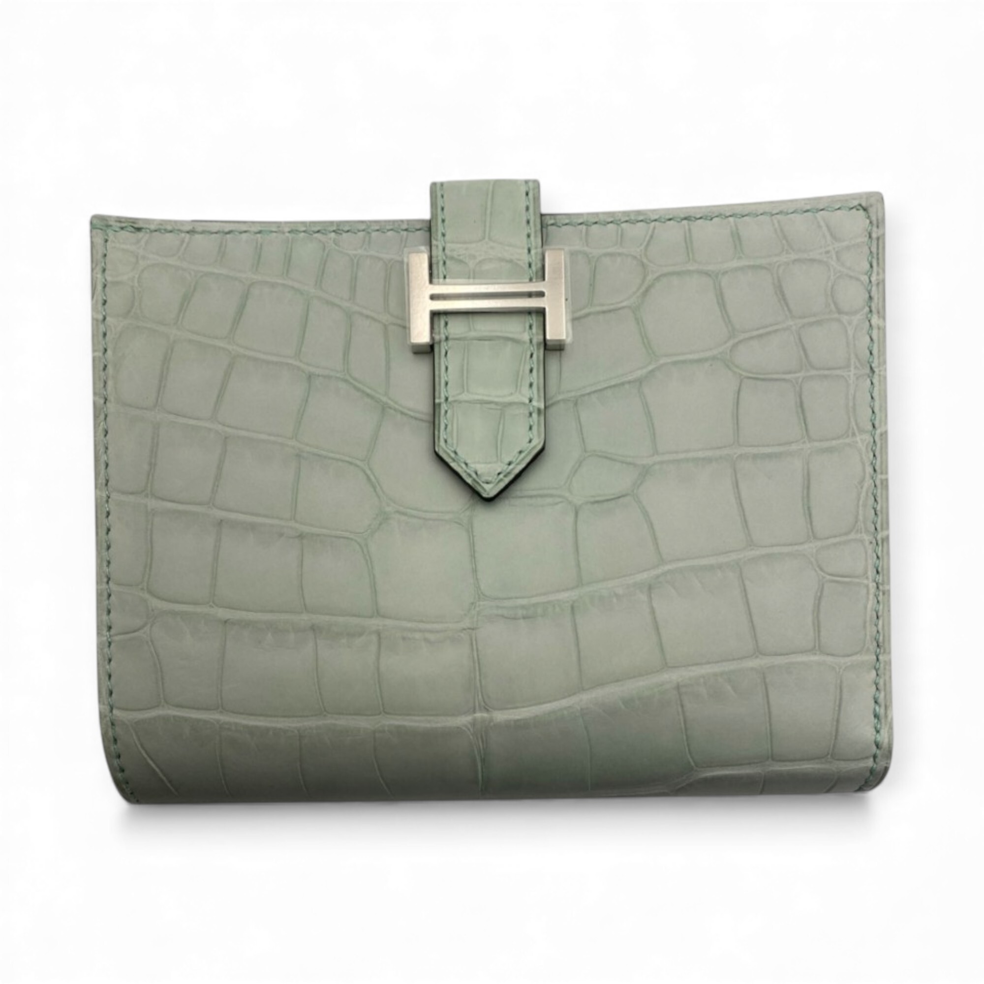 【HERMES】 エルメス ベアン コンパクト 財布 2つ折り ヴェールデュー 緑 アリゲーター クロコ レザー 本革 シルバー金具